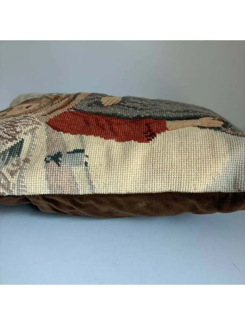 Vintage Needlepoint Pillow Girl Winter Landscape Albert Anker Style Velvet Back